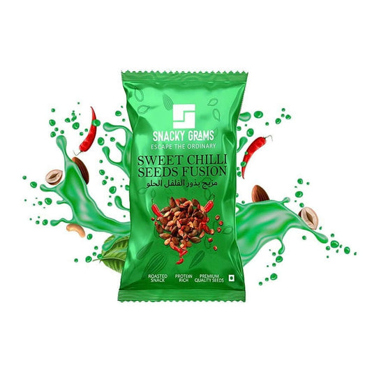 Green packaging of Snacky Grams Sweet Chilli Seeds Fusion with chili peppers and seeds on a white background