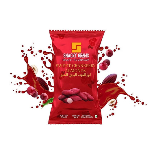 Red package of Snacky Grams Sweet Cranberry Almonds with cranberries and almond imagery on a white background