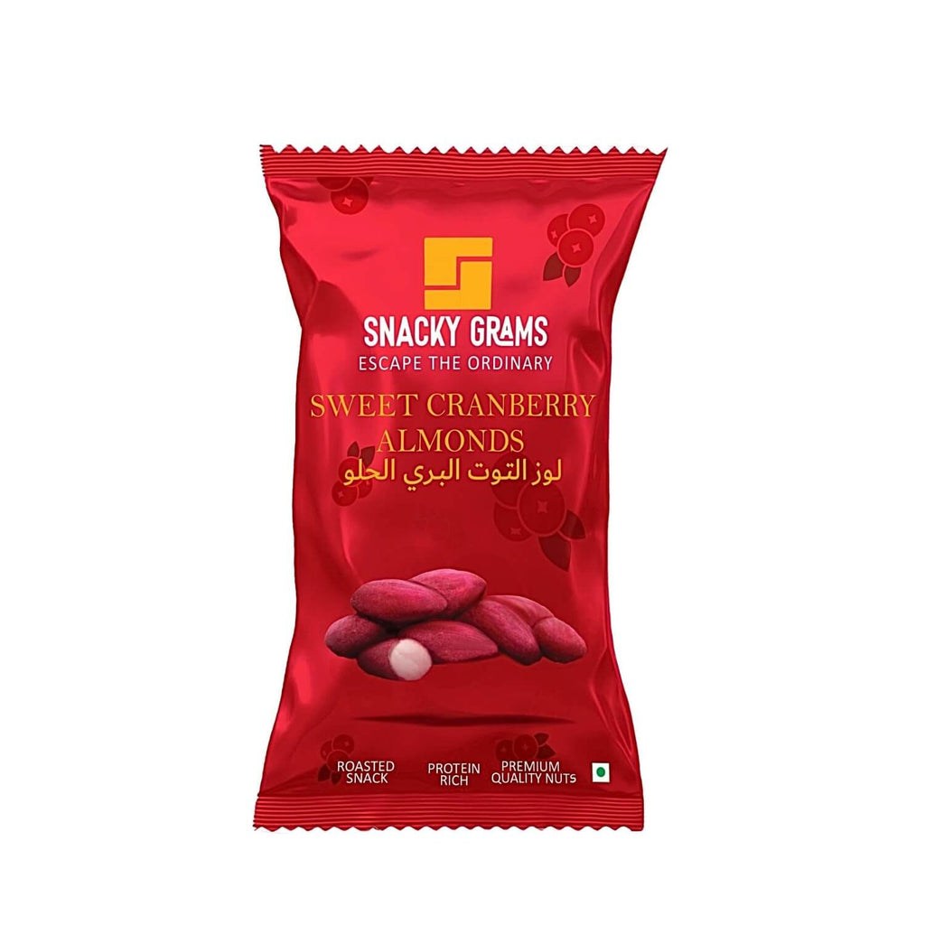 Red package of Snacky Grams Sweet Cranberry Almonds on a white background