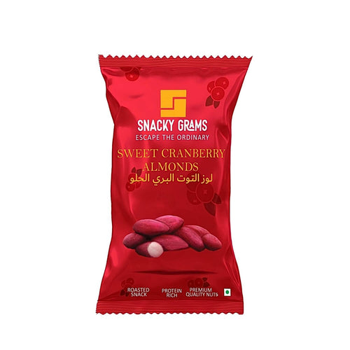 Red package of Snacky Grams Sweet Cranberry Almonds on a white background