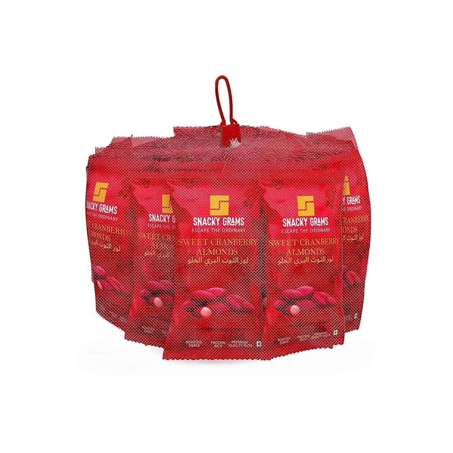 Red packaging of Snacky Grams sweet cranberry lemon snack bags on a white background