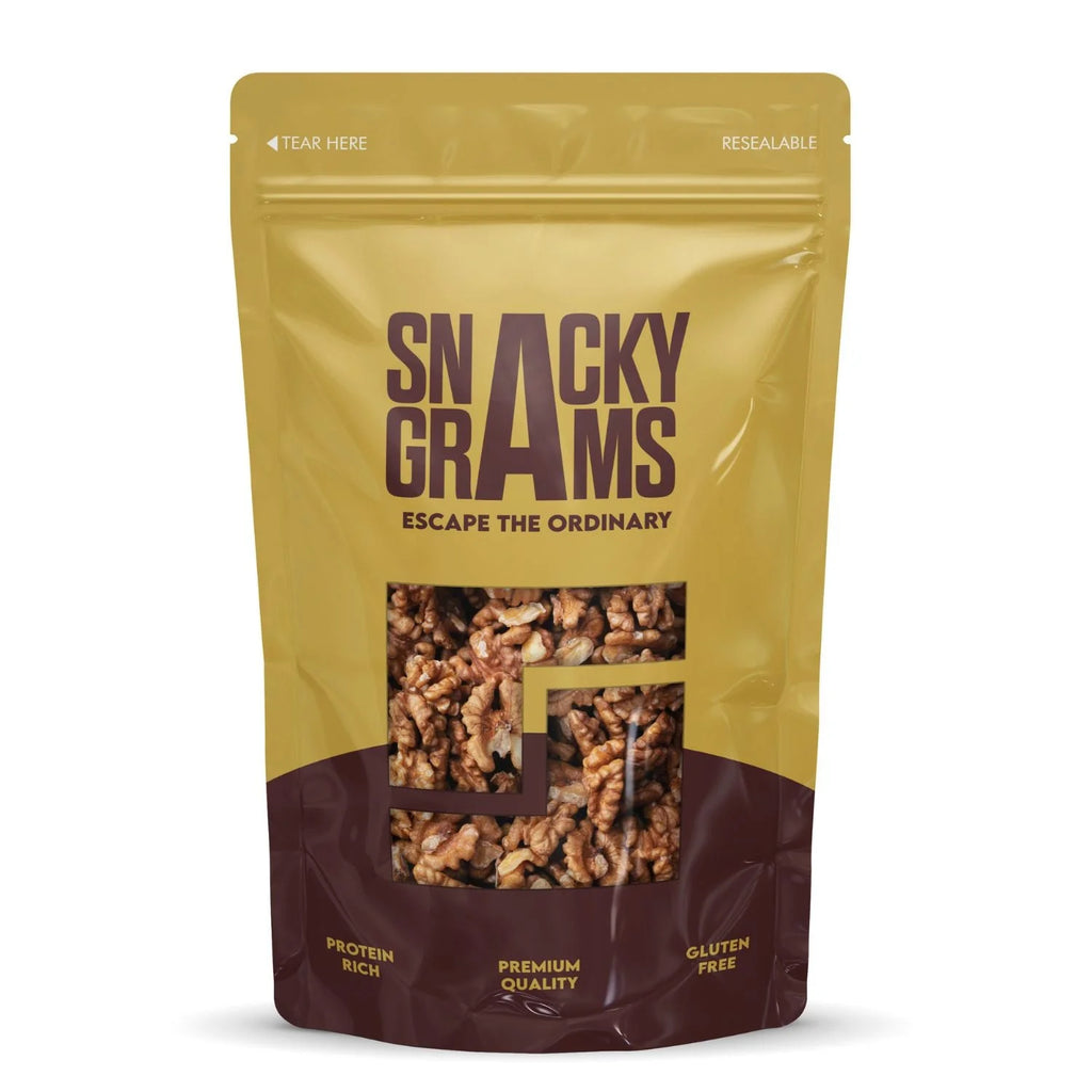 walnuts halves filled in a pouch of snacky grams 